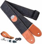 Nefelibata Guitar Strap, Cotton Full Grain Leather Ends Guitar Straps with Pick Pocket for Bass, Electric, Acoustic Guitar, Come with Strap Button, 1 Pair Strap Locks and 4 Guitar Picks (Denim)