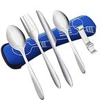 KBNIAN 5Pcs Camping Cutlery Set Portable Cutlery Set with Knife Fork Spoon Bottle Opener Stainless Steel Flatware Outdoor Camping Utensil Set with Neoprene Bag for Travel Camping School (Blue)