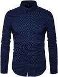 MUSE FATH Men's Printed Dress Shirt - Cotton Casual Long Sleeve Shirt - Button Down Point Collar - Navy Blue - 2XL