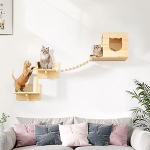 DWVO Cat Wall Shelves and Perches for Wall, Wooden Wall Mounted Cat Furniture, Set of 5 Cat Climbing Shelves with 1 Cat Wall House, 2 Cat Wall Steps, 1 Cat Bridge Ladder and 1 Cat Scratching Post