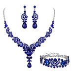 EVER FAITH Rhinestone Crystal Bridal Party Jewelry Set for Women Art Deco Vintage Floral Teardrop Necklace Earrings Bracelet Navy Blue Silver-Tone