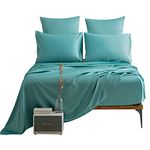 DuShow Blue Satin Bed Sheets,Double Size Sheets Set,Satin Silky 4 Pieces Bed Sheet Set with 15" Deep Pocket Fitted Sheet, 1 Soft Flat Sheet,2 Satin Pillowcase(Blue Double)