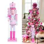 FOTWUZ Christmas Pink Nutcracker Decor - 14" Wooden Nutcracker Soldier Figures Christmas Doll Ornament for Girl Festival Party Xmas Gift Desktop Home Decorations