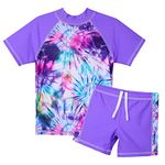 HUAANIUE Teens 2PCS Swimwear Shorts Girls Swimming Costume Swimsuit 3-14Y Kids Pink Swimwear Summer Beach Swimming Clothes for Girl Outfit Sunsuit(PurpleTieDye,14A)