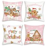 Bonhause Christmas Gingerbread Cushion Covers 45 x 45 cm Truck Gingerbread House Hot Cocoa Pink Decorative Throw Pillow Covers for Sofa Bed Home Winter Holiday Decor Set of 4