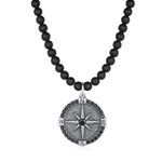 GAVU Men's Stainless Steel Necklace, CZ Paved Compass Necklace Matte Onyx Black Stone Necklace 60cm