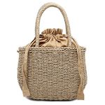 Women Summer Woven Straw Beach Bag Vintage Drawstring Handbag Boho Basket Purse Khaki