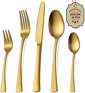 Bestdin Juego de cubiertos 30 piezas, set de cubiertos dorado mate para 6 personas, cubiertos de acero inoxidable pulido a espejo, juego de cuchillo, tenedor, cuchara, apto para lavavajillas