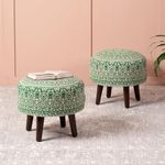 nestroots Ottoman Stool for Living Room Set of 2 | Pouffes for Sitting Printed Ottoman | Foot Rest Ottoman stools with 4 Wooden Legs (14 inch Height, Green)