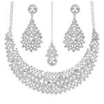 Touchstone Indian jewelry set for women rhinestone bridal necklace statement wedding brides earring formal big designer collar style trendy desi rhinestones maang tikka fashion in gold or silver tone,