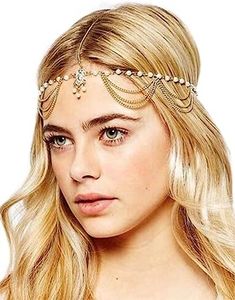 Chargances Women Head Chain Gold-tone Rhinestone Crystal Bridal Head Chain Wedding Hair Accessorie Indian Costume Jewelry Egyptian Headband Belly Dance or 1920s Fashion Style Party Headpiece for Women