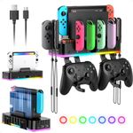 RGB Switch Wall Mount with Joy-Con Charger, Switch Holder for Nintendo Switch/OLED with Switch Organizer, Switch Accessories with 15 Light Mode, 4 Controller Charger, 2 USB Port, 10 Card Slot