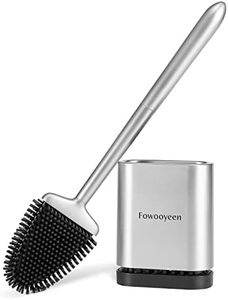 Fowooyeen Escobillas de Baño, Escobilla WC Silicona, Cepillo Toilet Plana de Mango Largo, Cepillo de Limpieza WC Curvo de Pie/Montado en la Pared, Escobilla Suave para Baño, WC e Inodoro - Plata Mate