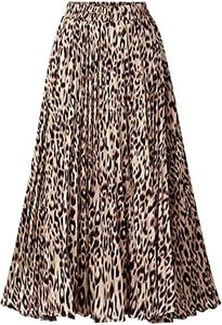 Chartou Womens Chic Elastic High Waisted A Line Leopard Print Pleated Shirring Midi-Long Skirt, Dark Yellow, Medium