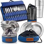 Wealers Unique Complete Messware Kit Polished Stainless Steel Dishes Set| Tableware| Dinnerware| Camping| Buffet| Includes - Cups | Plates| Bowls| Cutlery| Comes in Mesh Bags (4 Person Set) (Blue)
