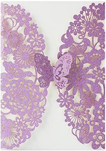 Hosmsua 20PCS 5.12 x 7.3 Blank Purple Quinceanera Invitation Kit with Butterfly Laser Cut Lace Flora Invitations for Wedding Quinceañera Sweet 16 Birthday Wedding Invitation (Purple Glitter)