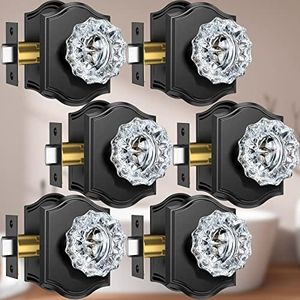 Calzibeno Glass Door Knobs Interior, 6 Pack Crystal Door Knobs with Lock for Privacy Use, Black Glass Door Knobs for Interior Bedroom Bathroom, Vintage Glass Crystal Door Knob Set