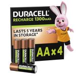 Duracell AA Rechargeable Batteries (Pack of 4), 1300 mAh NiMH, 2000 cycles, pre-charged, Long Lasting Power with a 0% plastic 100% recyclable packaging