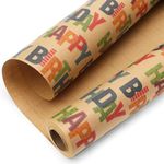 Ribbli Birthday Kraft Wrapping Paper Vintage Style Paper Perfect for Kids Boys Girls Brown Kraft Paper with Colorful Pattern- 17Inch x 394Inch(33Feet)