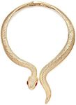 Wellotus Women's Curved Alloy Cuff Snake Choker Necklace Costume Statement Snake Shape Collar Necklace Hip Hop Crystal Cocktail Snake Jewelry (Gold Necklace & Red Eye)