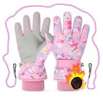 Caudblor Ski Gloves for Kids, Waterproof Winter Gloves for Boys Girls, Insulated Youth Winter Gloves Age 7-9 Years Old, Gray Warm Thick Ski Snowboard Gloves for Children Outdoor Sledding