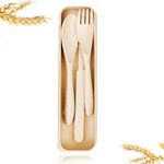 Rusabl Wheat Straw Cutlery Set, Portable Fork, Knife and Spoon Set with Travel Case for School, Easy to Carry, Reusable, Light Weight, Eco-Friendly & Dishwasher Safe (Soft Beige)