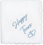 VELENTI Wedding Day Handkerchief - Something Blue Wedding Gift - Embroidered White Handkerchief with Lovely Happy Tears Quote - Mother and Father of the Bride Gifts - 30x30 cm