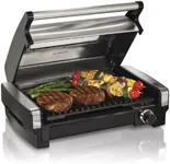 Hamilton Beach Electric Indoor Searing Grill with Viewing Window,Removable Easy-to-Clean Nonstick Plate, 6-Serving, Extra-Large Drip Tray, Stainless Steel, 25361