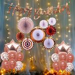 Party Propz Birthday Decoration Items For Girl- 34Pcs, Rose Gold Happy Birthday Decoration Items Kit | Rose Gold Foil | Metallic Balloons For Decoration With Paper Fans | Decoration Items With Lights