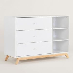 dadada Central Park 3-Drawer Dresser with Open Shelving - Modern Design, Baby-Safe Finish, Forged Steel Support, Sturdy Wood Legs, for Nursery, Kids or Teen Room, 47” Wide (White+Natural)