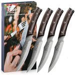 SYOKAMI Steak Knives Set of 4, 4.8 Inch High-Carbon Japanese Stainless Steel Non-Serrated Meat Knife with Wood Handle, Damascus Pattern Full Tang Design, Razor-Sharp Dinner Knives with Gift Box