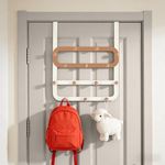 Dycoony Over The Door Hooks for Kids Backpacks - 21.5" Extra Long Door Hanger Low Reach, 14 Wooden Ball Coat Rack for Nursery Bedroom Bathroom, White & Orange Purse Bag Towel Holder Organizer