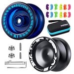 MAGICYOYO Responsive Yoyos for Kids Beginners, Pro Yoyo 2 Pack, Dual Funtion Metal Yoyo V3 + Plastic Yoyo K1 Plus with 12 Yoyo Strings, 2 Holes Yoyo Case Bag, Yo-Yo Accessory Kit (V3 Black + K1 Blue)