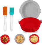 LIJIE 2 Pack of Air Fryer Liners I Round Silicone Basket Baking Tray I Pot with Ear Handles I Nonstick Reusable I Oven Insert Accessories | Grey, Red Colour with 1 Oil Brush & 1 Spatula