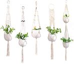 Macrame Plant Hanger, FOME 5 Pieces in 5 Different Design Plant Hanger Indoor Outdoor Handmade Cotton Rope Hanging Planters Set Flower Pots Holder Stand with 5 Hooks