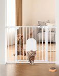 Babelio Auto Close Baby Gate with Small Cat Door, 29-43" Metal Cat Gate for Doorway, Stairs, House, Easy Walk Thru Dog Gate with pet Door, Includes 4 Wall Cups and 3 Extension Pieces, White