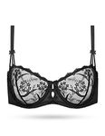 Deyllo Women’s Embroidered Lace Unlined Bra Demi Sheer See Through Underwire Bras Non Padded(Black,38E)