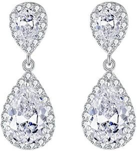 EVER FAITH Mujer Pendientes Colgante Perforado Plata de Ley 925 Zirconia Boda Banquete Lágrima Perforado Tono Claro
