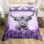 Highland Cow Duvet Cover,Lavender Flower Comforter Cover Set Single Size,Bull Cattle Bedding Set,Western Animal Quilt Cover,Wildlife Farmhouse Cow Bedding Collection For Kids Boys Girls Bedroom Decor