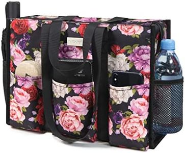 TOPDesign Utility Water Resistant Tote Bag with 13 Exterior & Interior Pockets, Top Zipper Closure & Thick Bottom Support (Ranunculus)