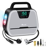 REESIBI Digital Tyre Inflator Air Compressor 240V Mains and 12V Car AC DC Dual Power Supply, LED Light & Adapter Kit