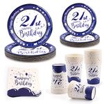 21st Birthday Decorations for Her/Him, 96pcs Happy Birthday Plates and Napkins Navy Blue Party Tableware Set Party Supplies Paper Plates Napkins Cups 21st Birthday Plates - Serves 24 Guests