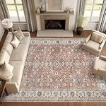 jinchan Area Rug 8x10 Brick Red Vintage Persian Rug Traditional Area Rug Kitchen Floor Cover Foldable Thin Rug Distressed Floral Print Indoor Mat for Bedroom Living Room Dining Room