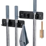 WEKEY Broom Holder Wall Mount Wall Mounted, Mop Organizer Wall Hanging,Heavy Duty Stainless Steel Broom Rack Fit With Laundry Kitchen Garage Garden Storage - 4 Racks 4 Hooks(Black)