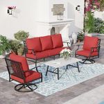 SUNSHINE VALLEY 4 Piece Metal Outdoor Patio Furniture Sets, Patio Conversation Sets 1 3-seater Sofa, 2 Swivel Chair with 5.75" Extra Thick Cushion and Coffee Table, Black Frame Backyard Furniture, Red