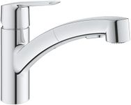 GROHE QUICKFIX Start - Kitchen Sink Tap Mixer with Pull-Out Dual Spray (Low Spout with 90° Swivel Area, 1-Hole Easy Install with Fast Fixation, Requires Min 1.0 Bar, Tails 3/8 Inch), Chrome, 30531001