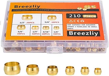 Breezliy 210PCS Tube OD（1/8" 3/16" 1/4" 5/16" 3/8" 1/2") Brass Compression Sleeves Ferrules,6 Sizes Brass Compression Fitting Assortment Kit