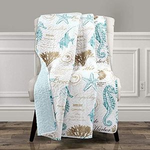 Lush Decor Harbor Life Throw Blanket, 50" W x 60" L, Blue & Taupe - Quilted Stripe Nautical Blanket - Beachy & Coastal Throw Blanket - Seahorse Blanket for Bed, Couch Or Chair - Beach & Coastal Decor