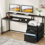 Tribesigns 63 Inch Computer Desk with File Drawer Cabinet, Ergonomic Office Desk with Monitor Stand, Industrial Computer Table with Printer Space, Wood PC Table Workstation Desks for Home Office