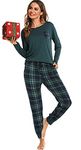 Vlazom Pyjamas Set for Women, Soft Two Pieces Pj's Sets Long Sleeve Tops and Plaid Pants Sleepwear with Pockets D-Dark Green, L